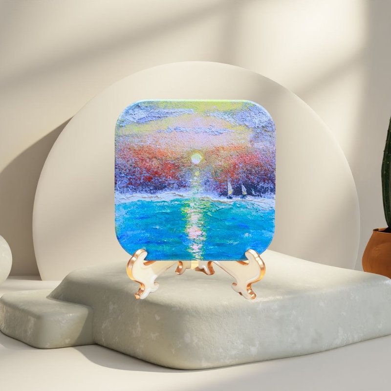 Artist Coaster - Sunset Scenery | Taiwan Yingge Ceramics MIT | Original hand-painted artwork water - ที่รองแก้ว - ดินเผา สีน้ำเงิน