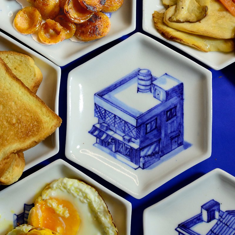 Hexagonal plate pattern building fooftop - Pottery & Ceramics - Pottery Blue