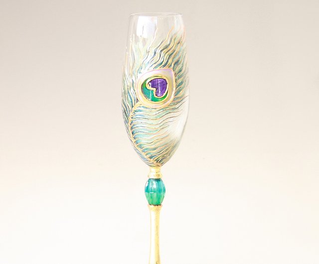 Peacock Feather Wine Glasses hand-painted, set of 2 - Shop NeA Glass Bar  Glasses & Drinkware - Pinkoi