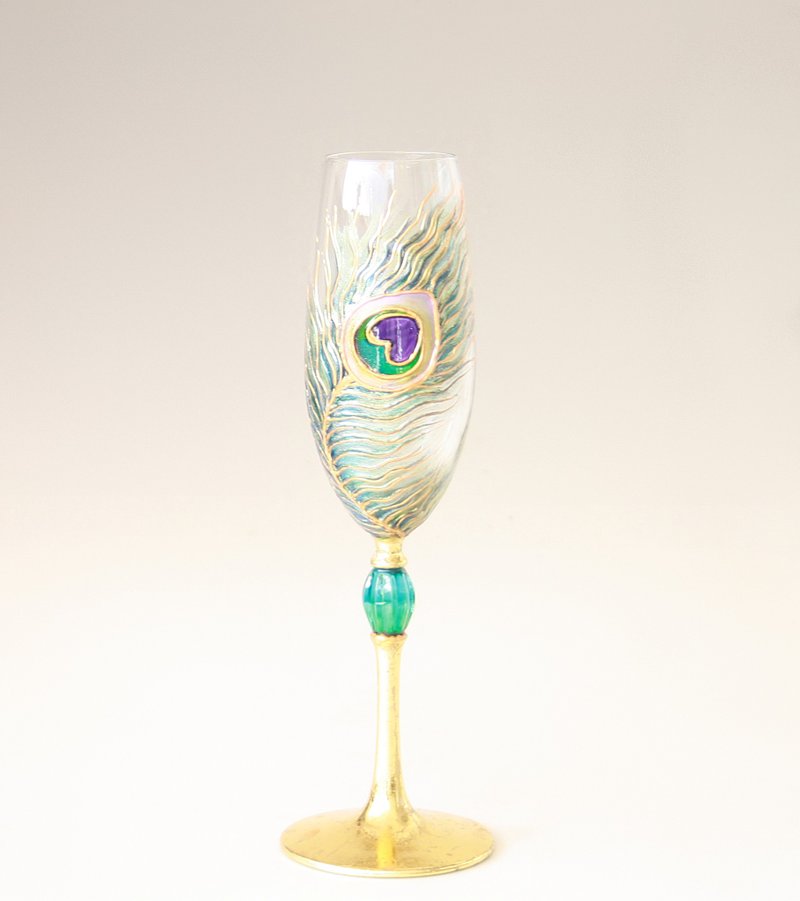 Peacock Feather Champagne Glass Gold Hand-painted - 酒杯/酒器 - 玻璃 金色