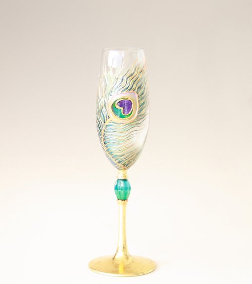 NeA Glass Peacock Feather Champagne Glass Gold Hand-painted