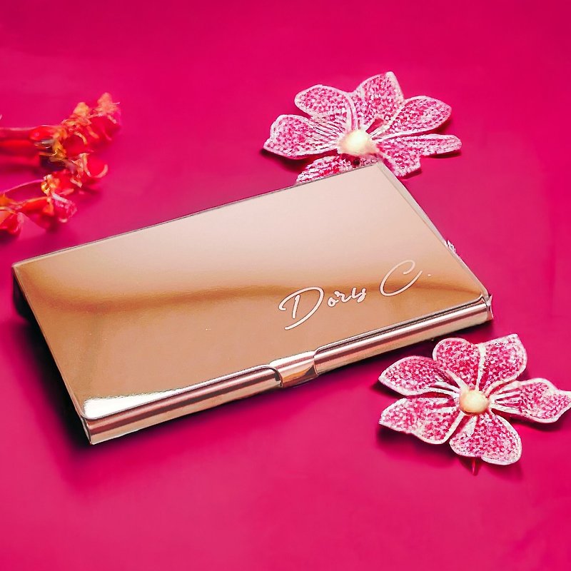[Engraved Business Card Box] New Year’s Gift*Rose Gold Full Mirror Business Card Box*Colleague Gift*Girlfriend Gift - Card Holders & Cases - Stainless Steel Pink