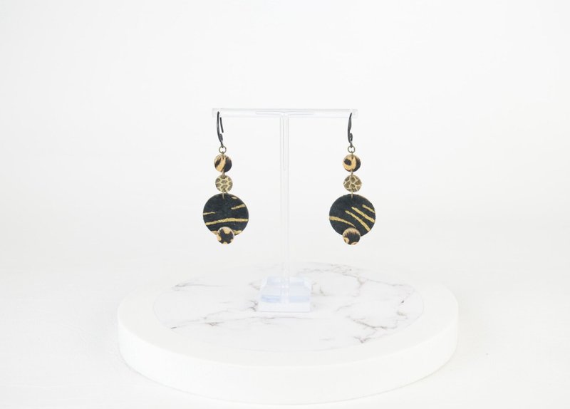 Tribal Earrings in Clashing Animal Pattern Genuine Salvaged Recycled Leather - ต่างหู - หนังแท้ สีนำ้ตาล