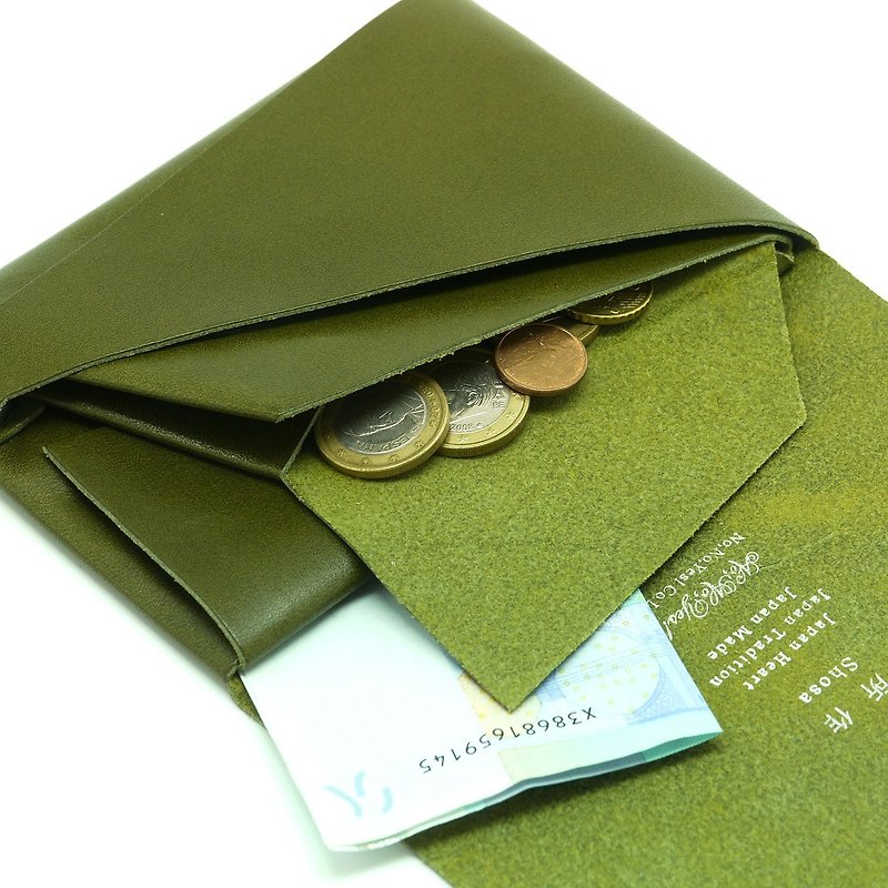 Japanese handmade - made Shosa vegetable tanned leather short clip 1.0 - simple basic models / green - กระเป๋าสตางค์ - หนังแท้ สีเขียว