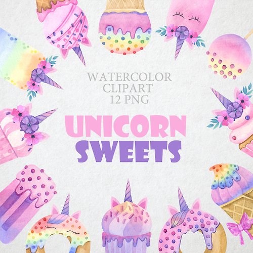 Larionochka Watercolor Watercolor cute sweet illustration in unicorn style. Watercolor pink sweets.