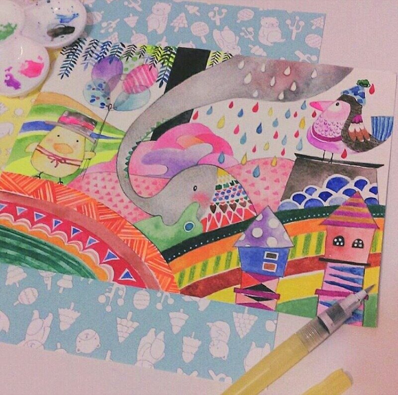 Pre-order postcard elephant's water park/elephant postcard/color pencil drawing - การ์ด/โปสการ์ด - กระดาษ หลากหลายสี
