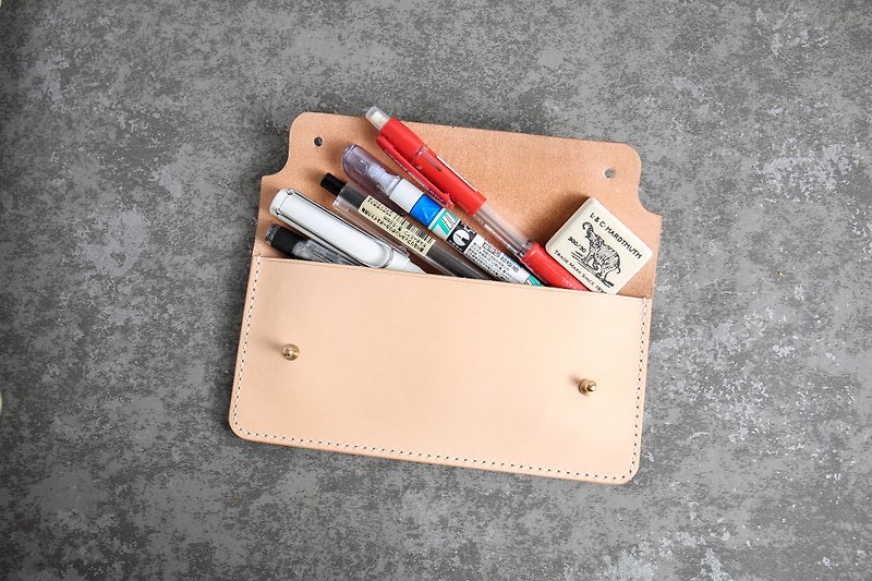 Pencil case/pencil box Italy imported vegetable tanned leather primary color handmade - Pencil Cases - Genuine Leather 
