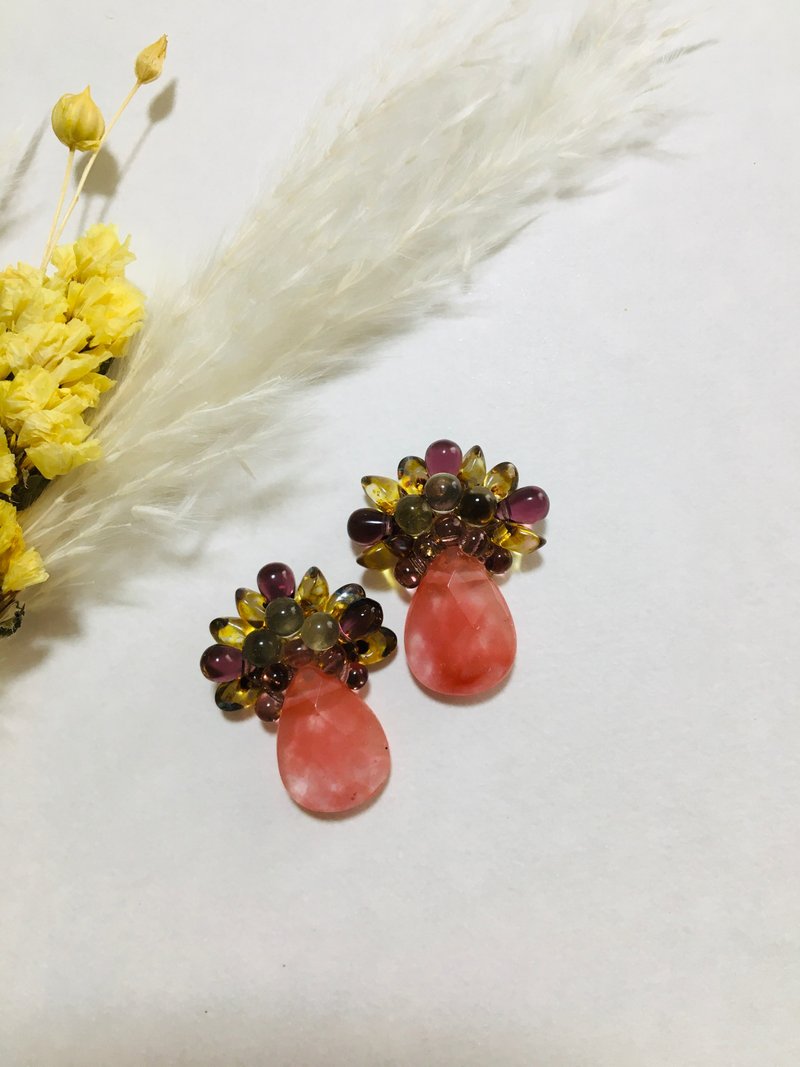 Strawberry Quartz and Glass Bead Earrings - Earrings & Clip-ons - Semi-Precious Stones Multicolor