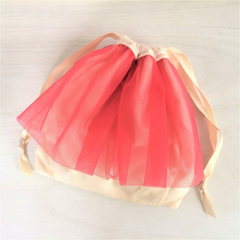 Double tulle pannier floral drawstring pink red - Toiletry Bags & Pouches - Polyester Red