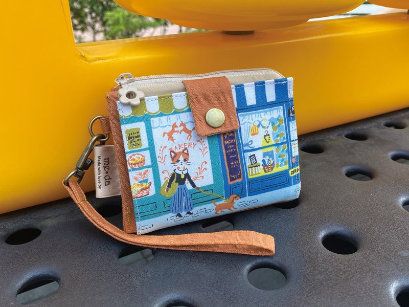 6 Coin 短夾 貓小姐遛狗 - 錢包/皮夾/長短夾 - 棉．麻 多色