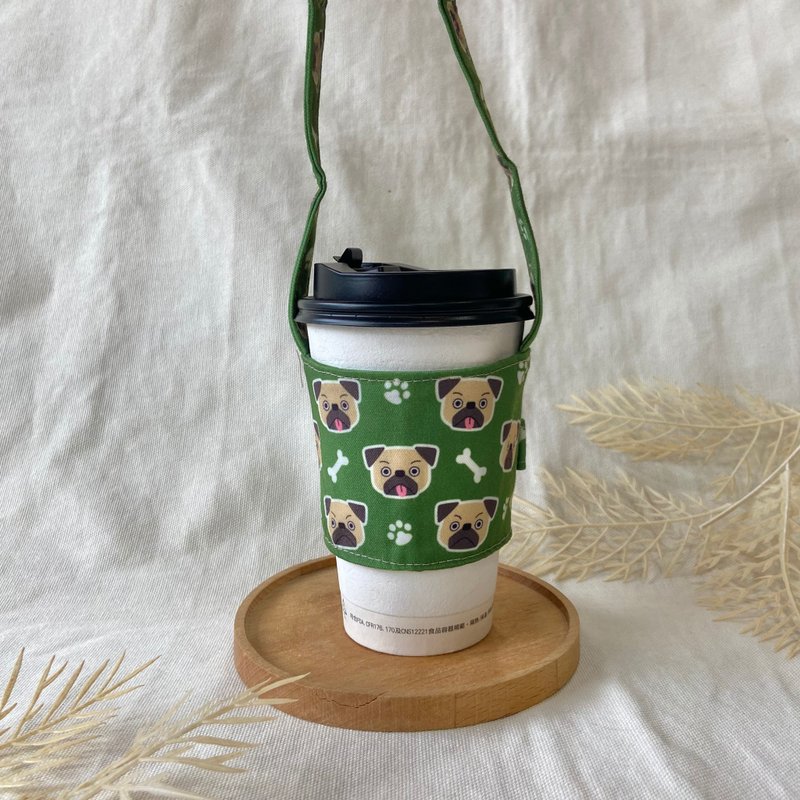 Original beverage bag/cup cover/pug-green/apricot - ถุงใส่กระติกนำ้ - ผ้าฝ้าย/ผ้าลินิน สีเขียว