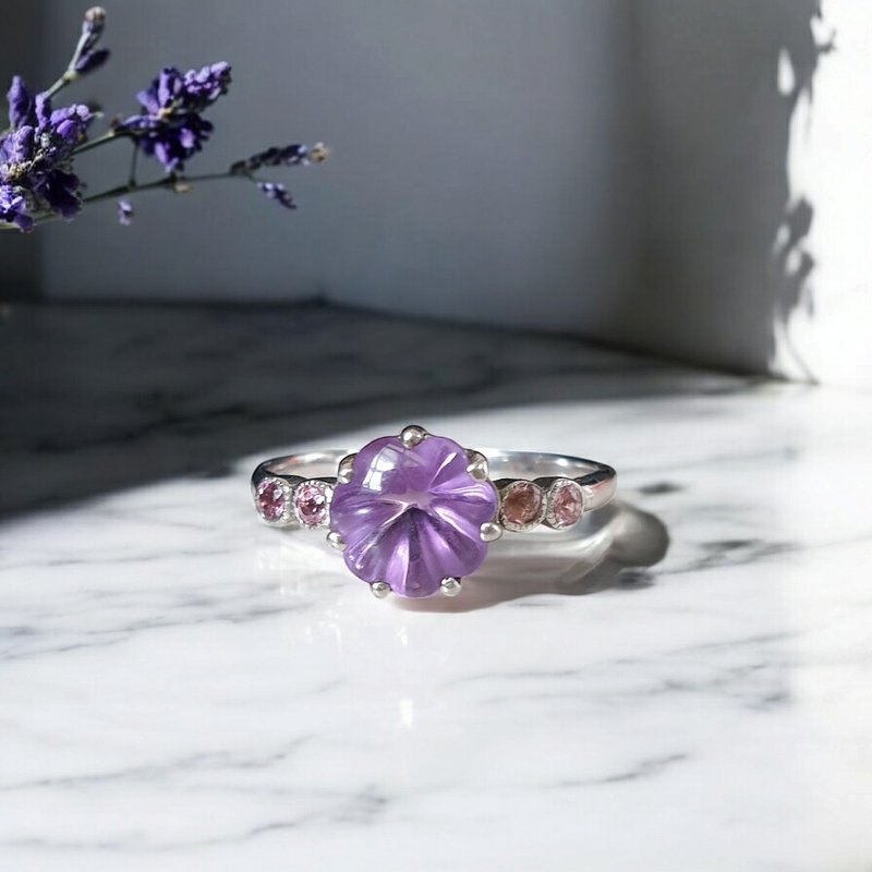 Amethyst ring with Pink tourmaline, Silver in white gold plated setting - General Rings - Gemstone Purple