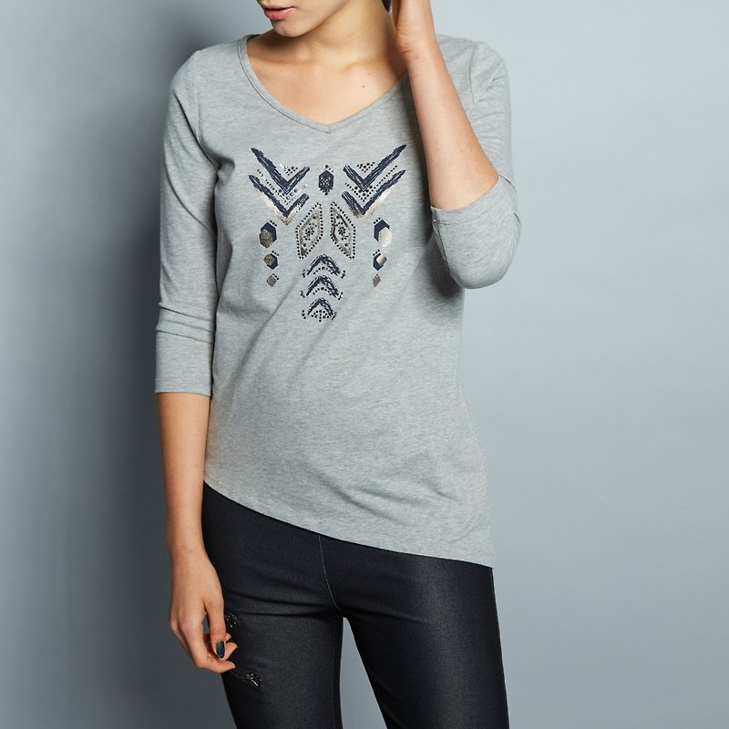 Folklore Totem Print on Thickness Cotton and Cropped Sleeve Top - Women's Tops - Cotton & Hemp Gray