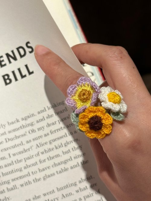 SUNFLOWER & Leaf crochet ring minimalist with a single or Triplet