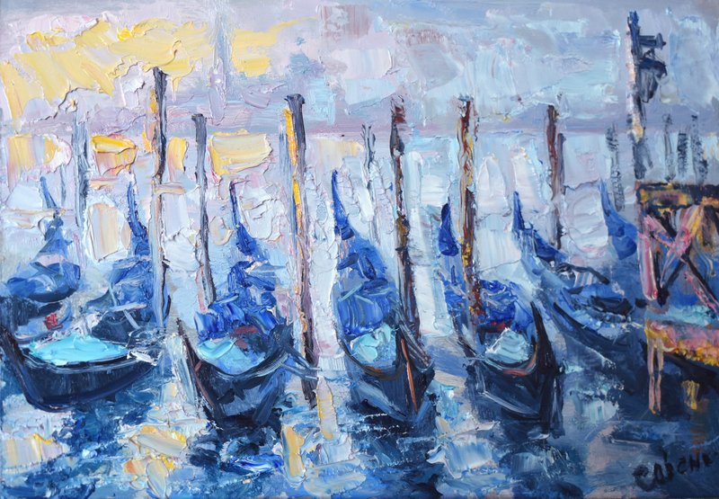 Italy Painting Venice Original Art Landscape Grand Canal Gondolas City 油畫原作 - 海報/掛畫/掛布 - 木頭 多色
