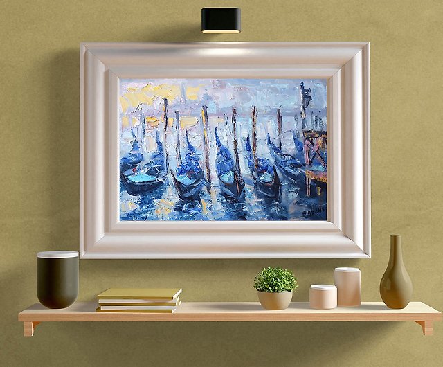 印象のデザイン 油絵 風景画『ヴェネツィアとゴンドラ』Rova作 肉筆１