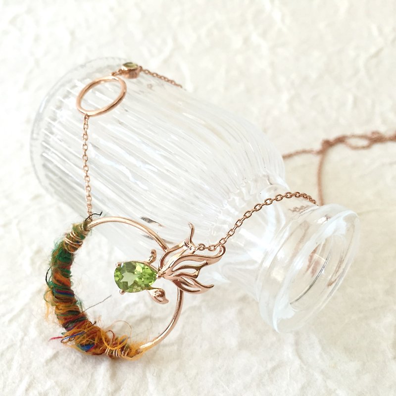 Limited edition - Ryukin - Peridot with Sari silk Silver Necklace - Necklaces - Gemstone Green