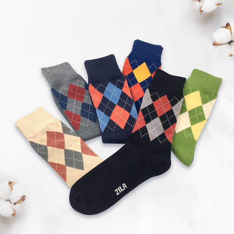Classic diamond gentleman cotton socks | 6 colors - ถุงเท้าข้อกลาง - ผ้าฝ้าย/ผ้าลินิน หลากหลายสี