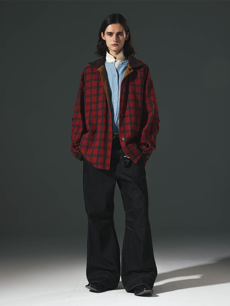 【リバーシブル】Unvesno(UN)ハンティングジャケット風ピーチスキン加工リバーシブルレザースタンドカラーチェックコーデュロイジャケットミドル丈 - アウター メンズ - コットン・麻 