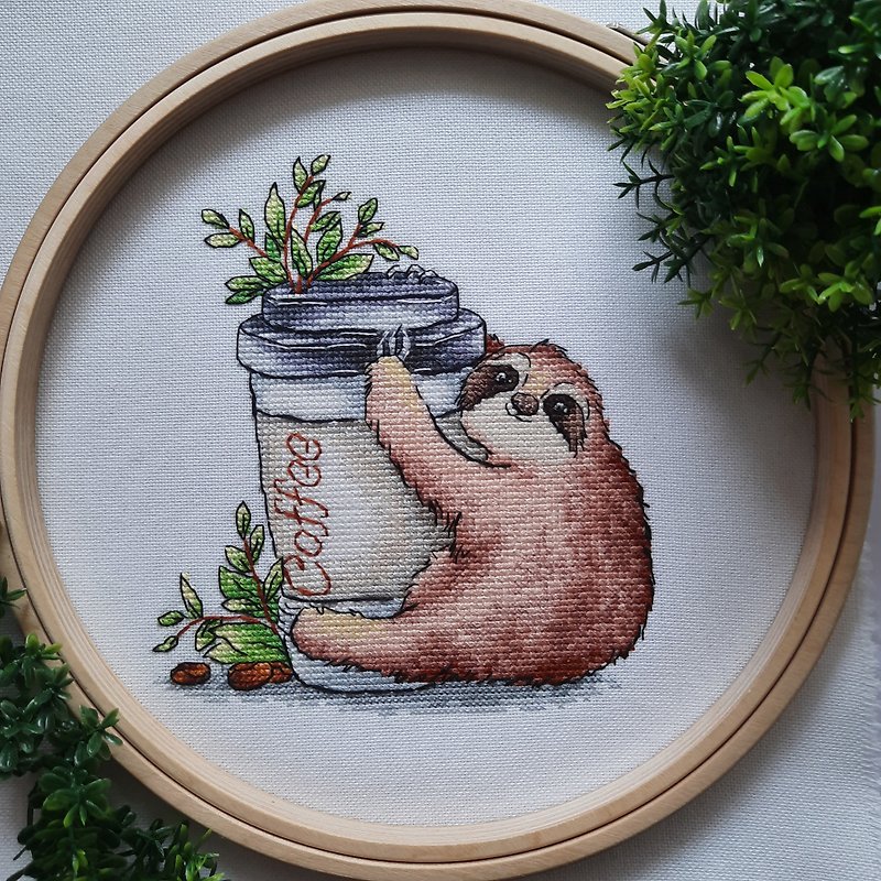Cross stitch sloth coffee animals drink PDF file , cartoon, Threads DMC - 編織/刺繡/羊毛氈/縫紉 - 其他材質 