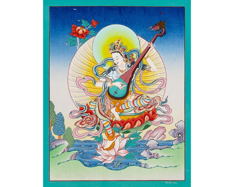 手工製作的薩拉斯瓦蒂唐卡 - 智慧、音樂與藝術的女神 - 壁貼/牆壁裝飾 - 其他金屬 多色
