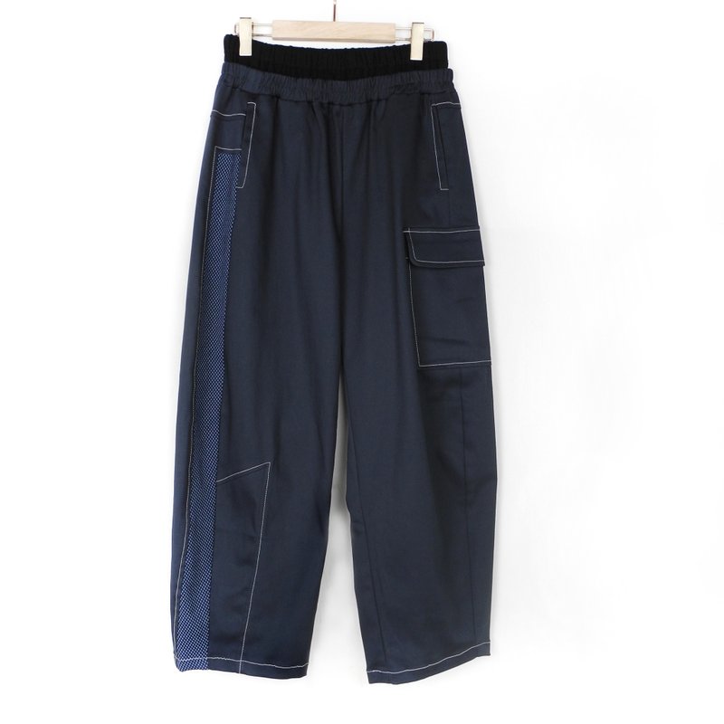 Dark blue- faux two piece side patch pocket pants #T2265 - Women's Pants - Cotton & Hemp Black