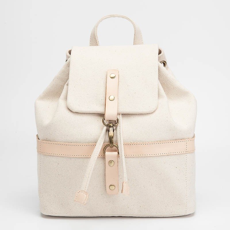 Bucket backpack with drawstring top in water resistant canvas and leather White - Backpacks - Cotton & Hemp White