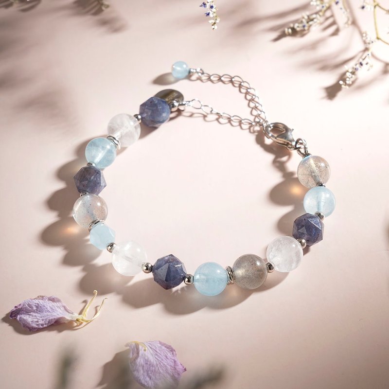 Aquamarine White Ghost Cordierite Labradorite 925 Silver Crystal Bracelet Gift - สร้อยข้อมือ - คริสตัล สีน้ำเงิน