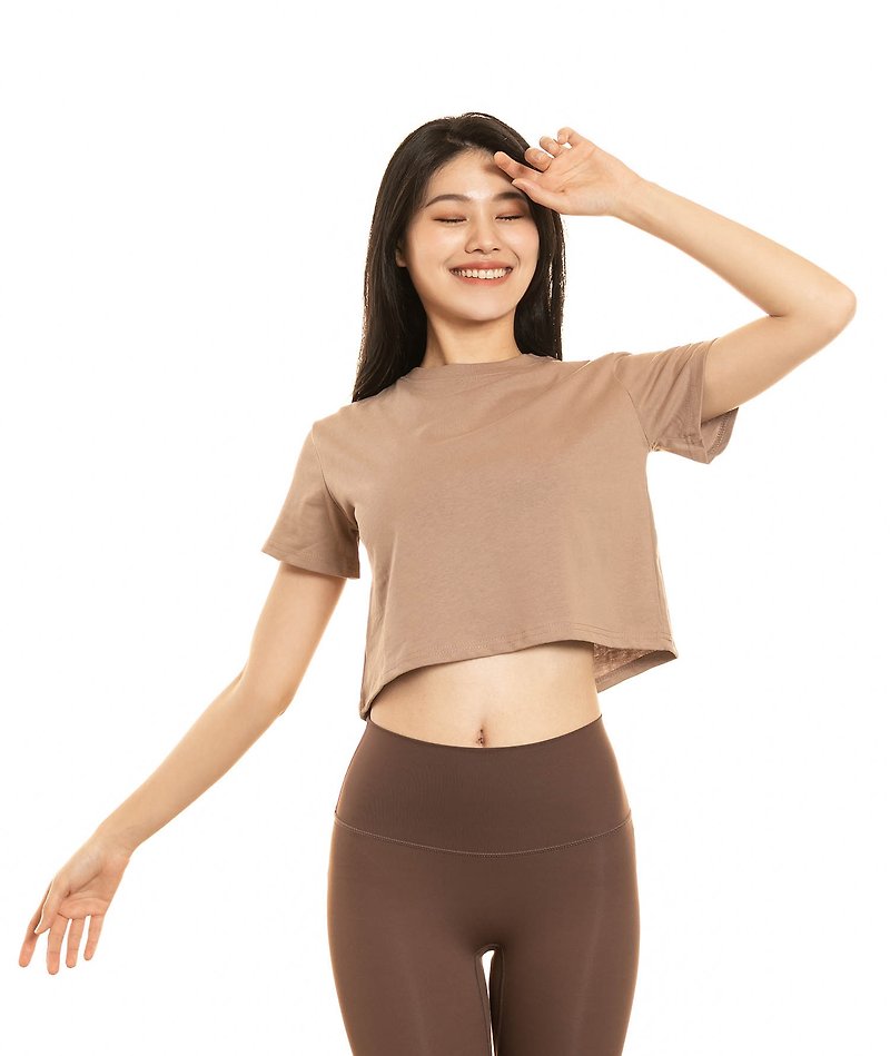 Daily must-have slimming waist-baring short-sleeved top - Latte Brown[Yoga cover-up/short top] - Women's T-Shirts - Cotton & Hemp 