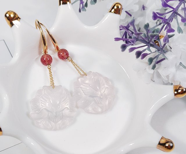 一点物！お狐様天然ローズクォーツ×天然ダイヤモンドネックレストップ