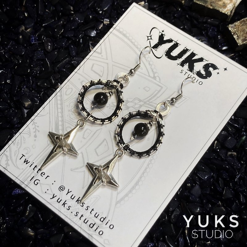 YK-015 wirewrapping earring with Black Rutile Quartz - Earrings & Clip-ons - Other Metals Silver