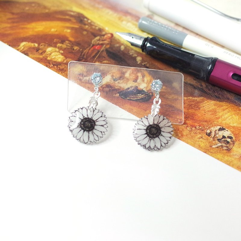 Sunflower painting earrings earrings/ Clip-On - ต่างหู - วัสดุกันนำ้ สีดำ