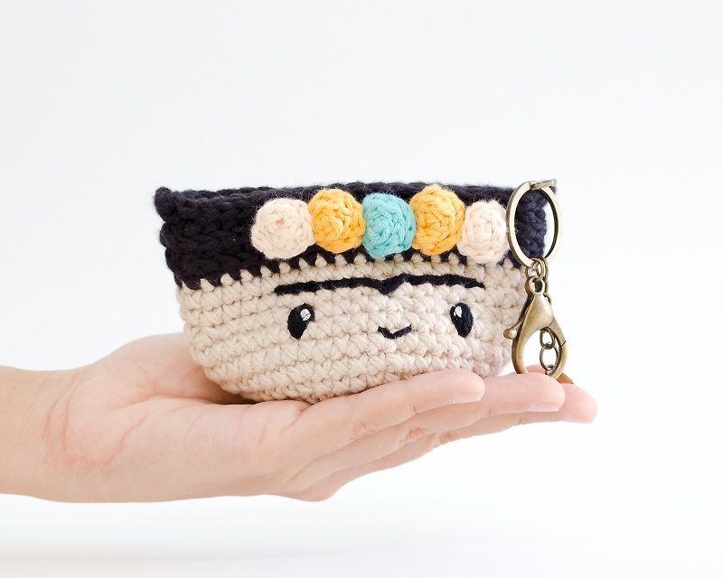Crochet coin purse - Frida Kahlo No.2/ mini bag, crochet bag, flowers, colorful. - กระเป๋าใส่เหรียญ - ผ้าฝ้าย/ผ้าลินิน หลากหลายสี