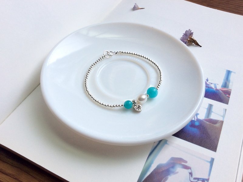 Ops Amazonite Pearl silver bracelet-天河石/925銀/珍珠/藍綠色 - 手鍊/手鐲 - 寶石 藍色