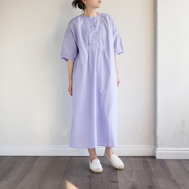 Five-minute sleeve dress, Linen, Cotton, Floral, Denim, Drop shoulder, Shell but - Women's Shirts - Cotton & Hemp Purple