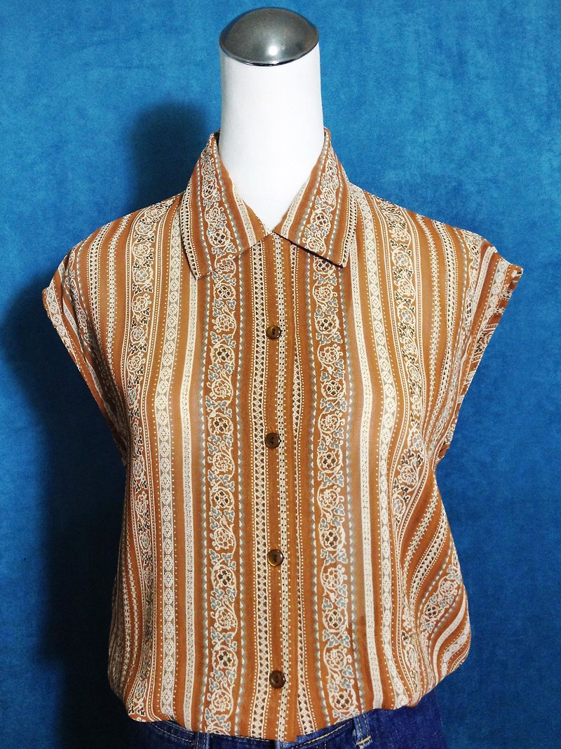 Ping-pong vintage [vintage shirt / totem elastic waist chiffon vintage sleeveless shirt] abroad back VINTAGE - เสื้อเชิ้ตผู้หญิง - เส้นใยสังเคราะห์ สีนำ้ตาล