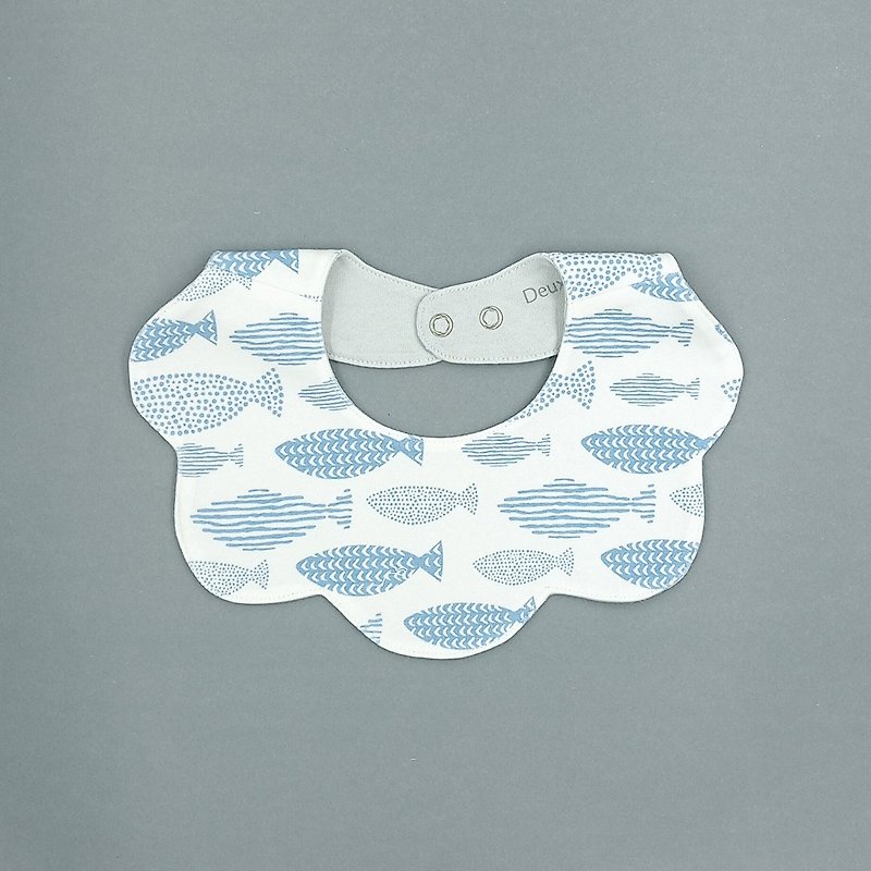 棉．麻 圍兜/口水巾 藍色 - 【Deux Filles有機棉】嬰兒花朵圍兜/口水巾-小魚