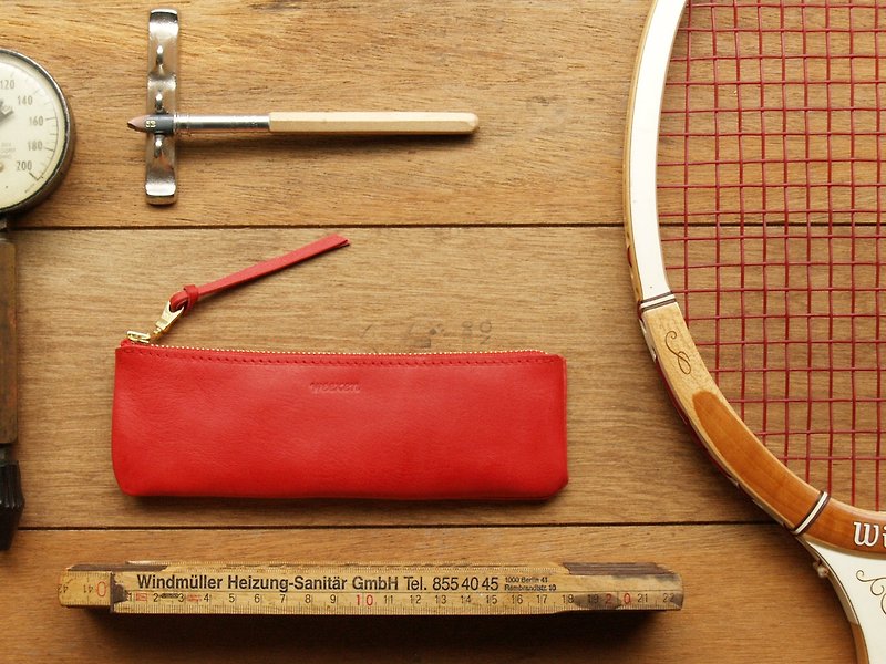 Leather Pen Case ( Custom Name ) - Coral Red - กล่องดินสอ/ถุงดินสอ - หนังแท้ สีแดง