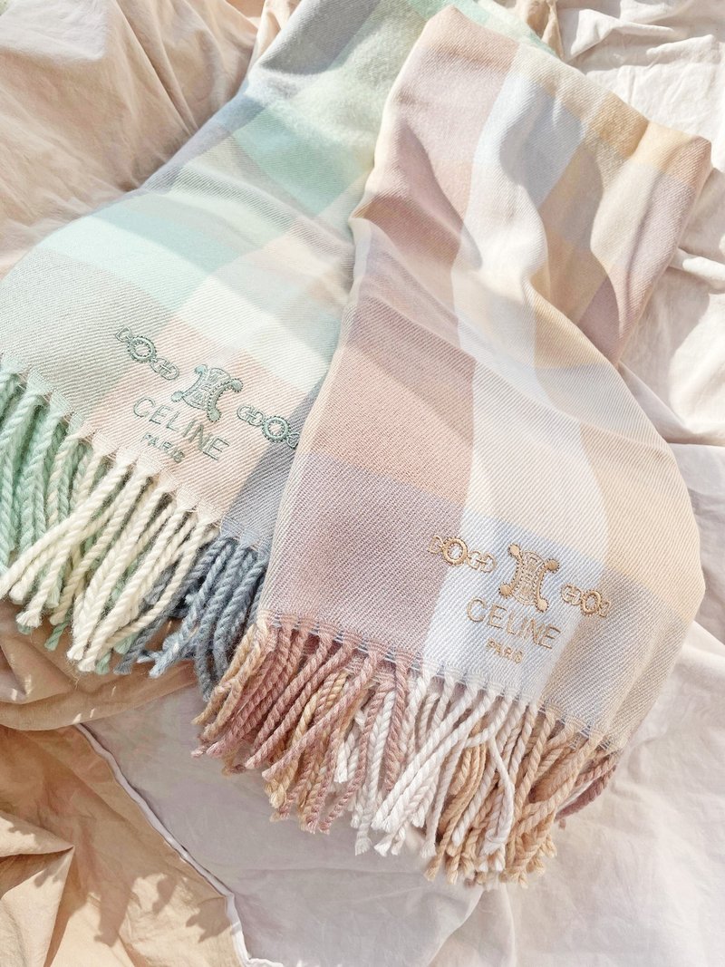 中古美品 CELINE 淡粉 凱旋門格紋 毛毯蓋毯頸巾圍巾領巾圍脖披肩 - 圍巾/披肩 - 羊毛 卡其色