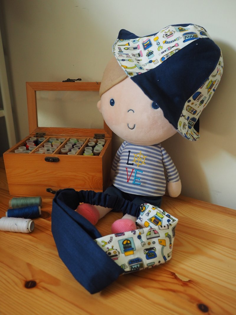 手作りの両面カウボーイブルー漫画ロボット赤ちゃん子供帽子とヘッドバンドギフトセット - 出産祝い用贈物 - コットン・麻 ブルー
