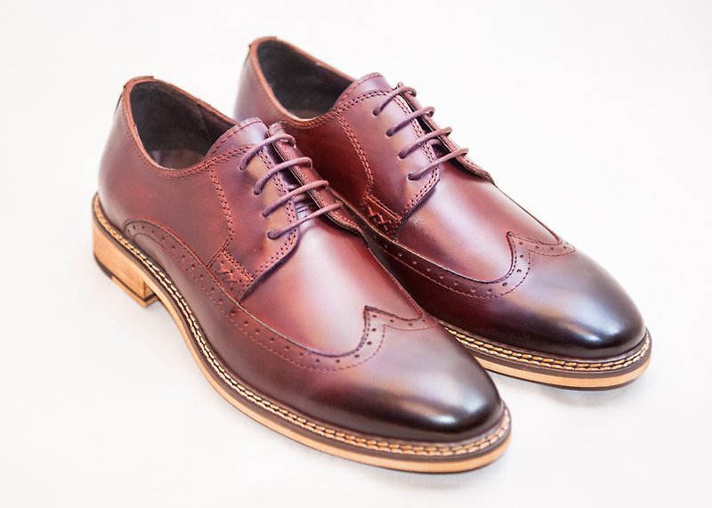 Hand-painted calfskin wooden heel wing pattern carved derby shoes-burgundy-B1A16-79 - รองเท้าหนังผู้ชาย - หนังแท้ สีแดง