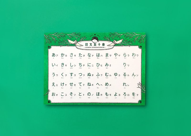 Pronunciation table-Japanese Hiragana/katakana - การ์ด/โปสการ์ด - กระดาษ สีเขียว