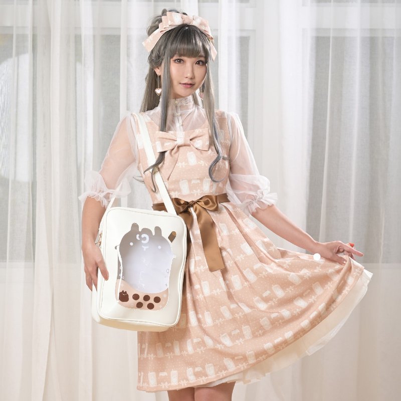 Illustration printing │ Japanese cute sleeveless waist dress │ Lolita │ Lolita │ pearl milk tea - One Piece Dresses - Polyester Khaki