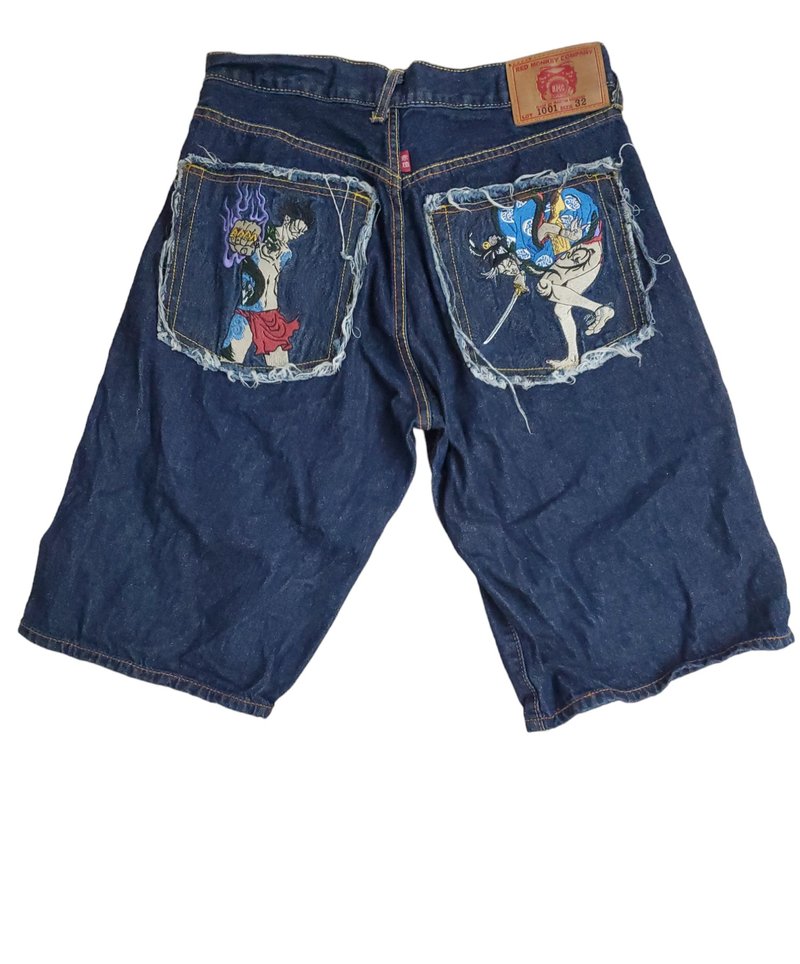 Red monkey company pocket embroidered original color denim cropped shorts 30w - กางเกงขาสั้น - ผ้าฝ้าย/ผ้าลินิน สีน้ำเงิน