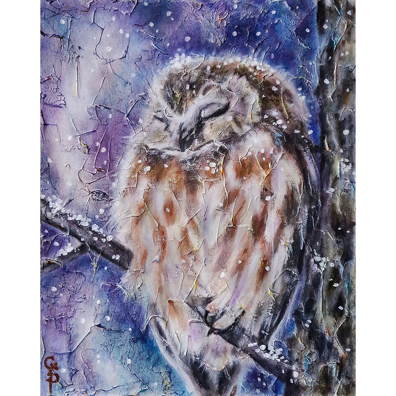 Owl Oil Painting Bird Wall Art Winter dream Forest Home Decor Portrait - Wall Décor - Other Materials Blue