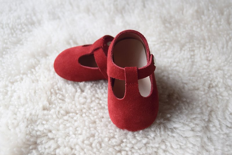 Red Suede Baby Mary Jane, T-Strap Leather Mary Jane, Baby Girl Shoes - Baby Shoes - Genuine Leather Red