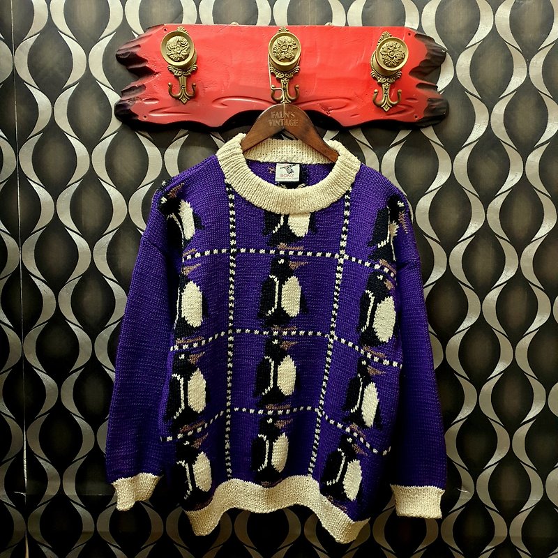 Little Gui Ge Ge-New Zealand-Purple Little Penguin Hand Knitted Vintage Sweater - Women's Sweaters - Wool Purple