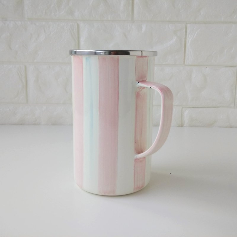 Candy Pink Striped Mug | 650ml - Mugs - Enamel Pink