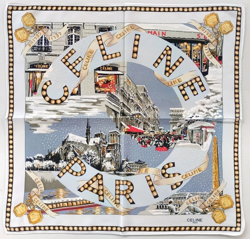 Celine Paris Vintage Handkerchief Winter Celebration 19x 18.5 inches - 手帕 - 棉．麻 卡其色