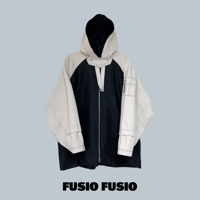 FUSIOFUSIO Black and White Twill Hooded Jacket - เสื้อโค้ทผู้ชาย - ผ้าฝ้าย/ผ้าลินิน ขาว